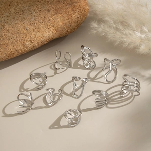 Set of 10 silver minimalist geometric line rings with artistic abstract metal shapes