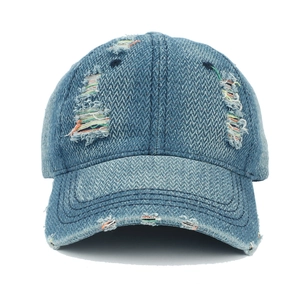 Rainbow stitching distressed vintage washed denim baseball cap with frayed hole details