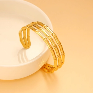 Modern gold-plated three-layer bamboo style open cuff bracelet for women