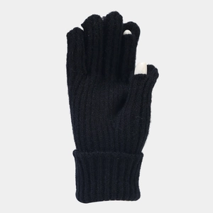 Close-up of black knitted gloves with two-finger touchscreen openings and ribbed cuffs