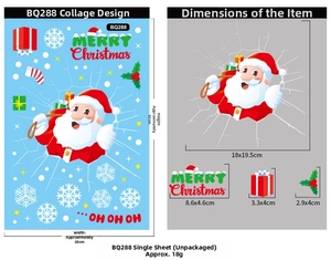 Detaillierte Maße der Weihnachtsmann-Fensteraufkleber mit Schneeflocken und Geschenken