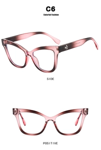 Detail view of pink gradient cat-eye glasses frames with durable metal hinges and TR90 material
