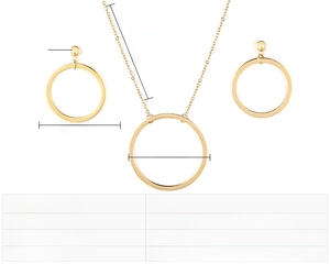 Detail showing dimensions of gold stainless steel necklace and hollow round earrings set