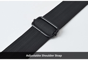 Detail of adjustable black woven shoulder strap with high-quality metal buckle