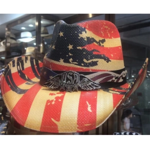 Close-up of USA metal badge and American flag print on a vintage western cowboy hat