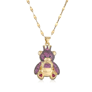 Golden crown teddy bear necklace with pink zircon crystals and red heart details