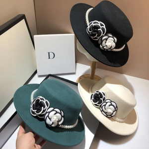 French style wool felt boater hats with pearl chains and camellia flowers in three colors