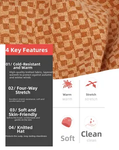 Detailed macro view of orange checkered knit hat featuring soft and elastic premium fabric