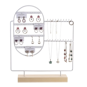White metal jewelry display stand with wooden base for earrings and necklaces