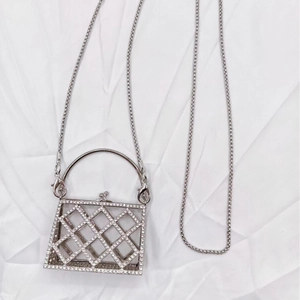 Mini silver rhinestone handbag pendant necklace with hollow diamond grid design and fine chain