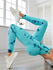 Leggings de Yoga sans Couture à Taille Haute pour Femmes Motif Marbre Teinture à Nouer Pantalon de Fitness Sport Séchage Rapide Bas