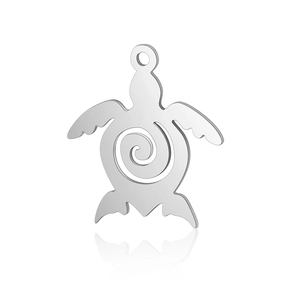 Macro detail of silver stainless steel sea turtle pendant with spiral hollow shell