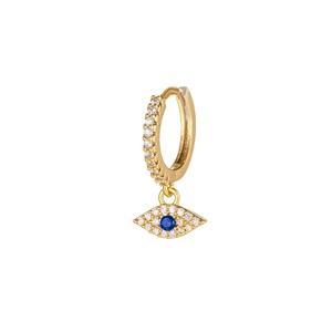 Detailed close-up of gold-plated evil eye hoop earring with blue and white zircon stones