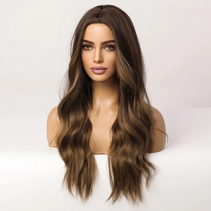 Detail of dark brown long wavy synthetic wig with natural texture and studio lighting