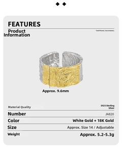 Detail view of S925 sterling silver wide ring with lava texture and two-tone finish