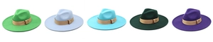 Detail showcasing five color options of wide brim wool fedora hats with decorative ribbon