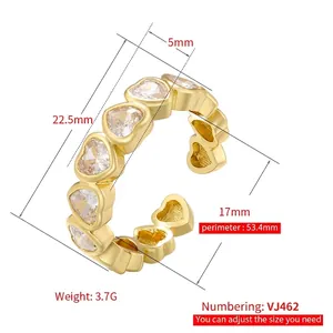 Adjustable gold ring with micro-pave heart zircons and dimensions for fashion women