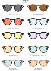 Detailed grid showing ten color variations of retro round frames with tinted lenses