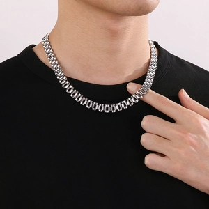 Silver 10mm stainless steel watchband chain necklace worn by a male model