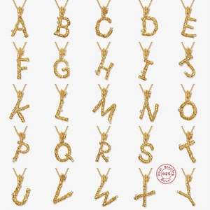 925 Sterling Silver Initial Letter Pendant Necklace Gold Plated Irregular Texture Zircon French Retro Clavicle Jewelry
