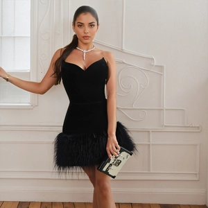 Women Strapless Velvet Mini Dress Feather Trimmed Hem Sexy Slim Fit Solid Color Party Evening Cocktail Tube Dress