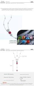 Detail view of S925 silver necklace with heart-shaped synthetic ruby pendant and dimensions