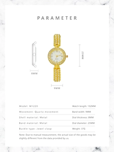 Detailed technical specifications and dimensions of a gold crystal-set quartz watch