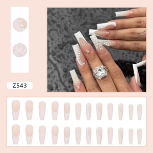 French white gradient ballerina press-on nails with butterfly and pearl accents Z543