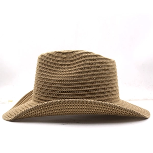 Close-up of khaki woven sun hat showing fine knit texture and rolled brim detail