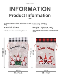 Detailed view of Christmas gnome gift bags with burlap texture and size specifications
