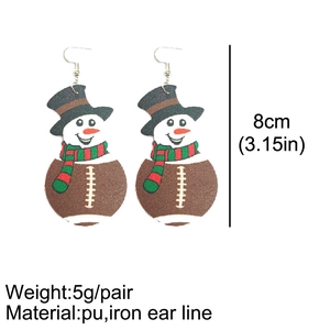Detail of faux leather snowman earrings featuring football pattern and 8cm size info