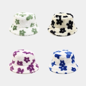 Plush Flower Bucket Hat Faux Fur Warm Winter Basin Hat For Women Outdoor Casual Floral Print Soft Thick Foldable Headwear