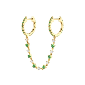 Detail of 14K gold double hoop earrings featuring green emeralds and diamond link chain