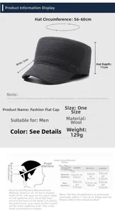 Size chart for men winter flat cap with head circumference measurements and guide