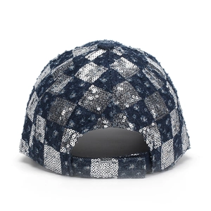 Deep blue denim baseball cap with silver sequin checkerboard pattern and back strap