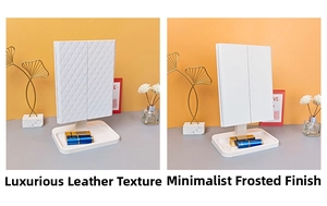 Detail of white tri-fold LED makeup mirror in quilted leather and matte texture