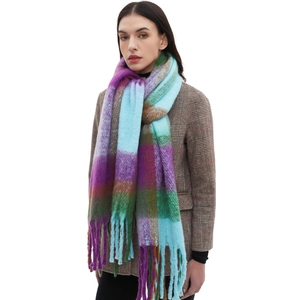 Women's oversized thick plaid scarf with colorful bouclé yarn and fringe tassels