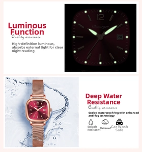 Detail showing luminous hands and date window on waterproof rose gold square watch