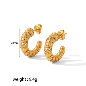 18K gold plated stainless steel twisted C-shape hoop earrings with crystal pavé, 20mm size