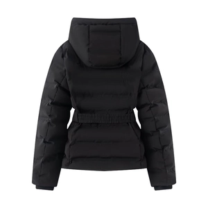 Women's slim black quilted jacket with hood and elastic belt shown from the back view
