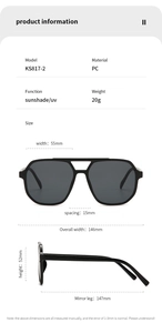 Detailed size parameters of black PC double-bridge sunglasses showing frame dimensions