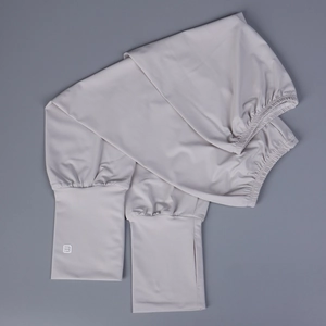 Detail of light grey ice silk cooling sleeves with thumb hole and small logo design