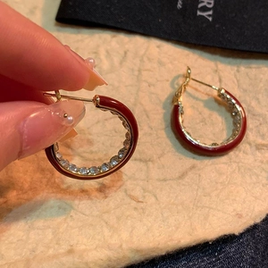 Vintage 14K gold-plated C-shaped earrings with red enamel and sparkling diamonds