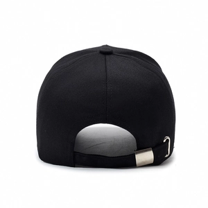 Rear view of black cotton baseball cap with adjustable strap and metal buckle