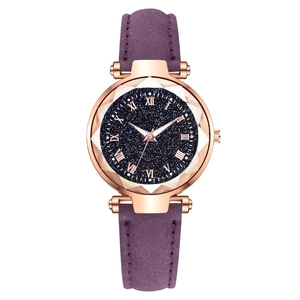 Elegant ladies quartz watch with starry sky dial and purple faux suede strap
