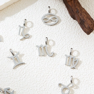 Detailed collection of silver zodiac pendants on textured surface with wooden accents