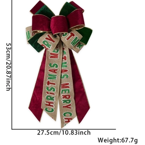 Detail showing dimensions of large red and green velvet Merry Christmas tree bow