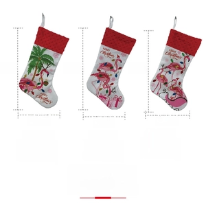 Three-pack flamingo Christmas stockings with size specs and Merry Christmas print