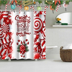 Detail of Christmas candy cane shower curtain in a modern white tiled bathroom