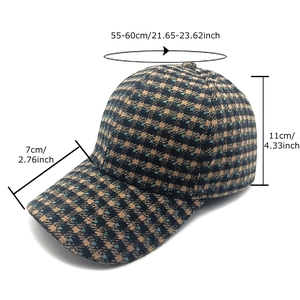 Plaid wool baseball cap with size dimensions for women in vintage checkered style